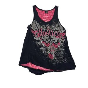 Y2K Hustler Honey Logo Tank Top Black Pink Skull Graphic Lace Ladder Back LARGE